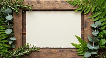 Frame with eucalyptus leaves and ferns on a wooden background photo