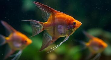 A group of red and orange fish swimming in an aquarium photo