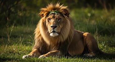 A lion with a green crown sitting in the grass photo