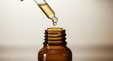 A bottle of essential oil being poured into a glass bottle photo