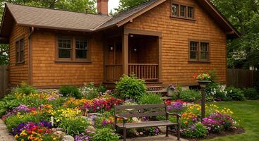 A small brown house with a bench in front of it photo