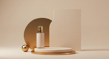 A bottle of perfume and a gold egg on a beige background photo