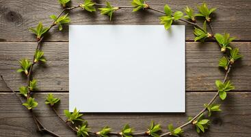 Blank paper on wooden background with green branches photo
