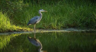 A bird standing on the shore of a pond photo