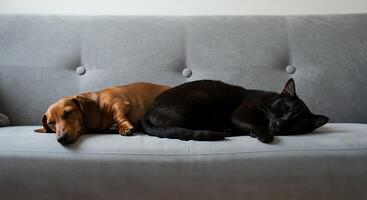 A dog and a cat sleeping on a couch photo