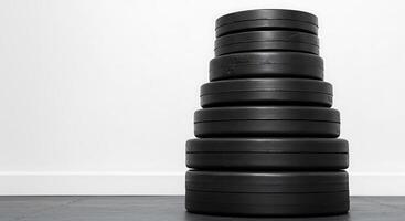 A stack of black tires on a floor photo