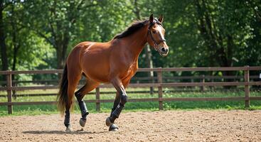 A horse is running in a fenced in area photo