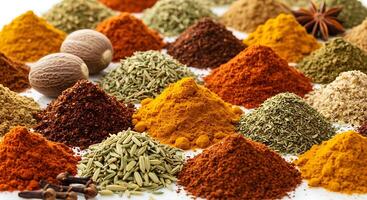 Various spices and herbs are arranged in a circle photo