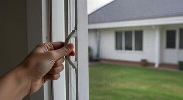 A person is opening a window with a white handle photo
