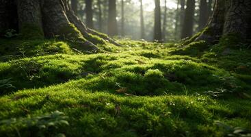 A forest with green grass and trees photo