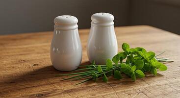 A table with two salt and pepper shakers and a bunch of herbs photo