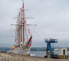 Ferrol, Spain July 11 2025 Juan Sebastian de Elcano, Spanish Navy steel hulled barquentine training ship, moored in the port of Ferrol photo