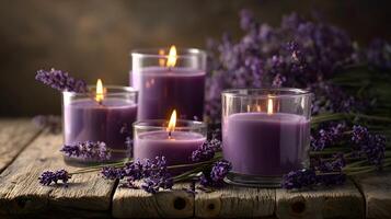 Lavender candles on a wooden table photo