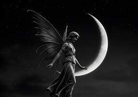Fairy statue under crescent moon photo