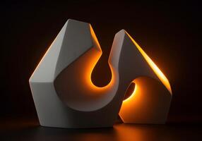 A sculpture of two white shapes with orange lights photo