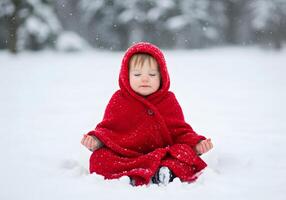 A young child in a red blanket sitting in the snow photo