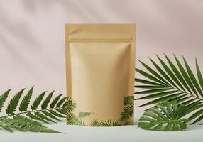 A package with a leaf on top of it and some palm leaves photo