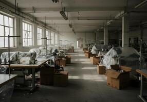 A factory with many tables and boxes photo