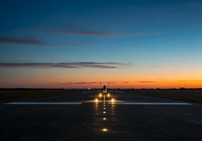 A runway with a plane on it at sunset photo