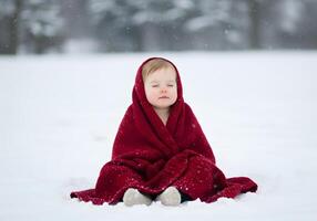 A young child wrapped in a red blanket sitting in the snow photo