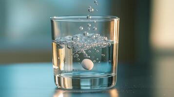 Bubbles rise as a tablet dissolves in a glass of clear water photo