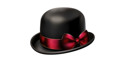 Black Bowler Hat With Red Ribbon And Bow. Classic Fashion Accessory Isolated On Transparent Background png