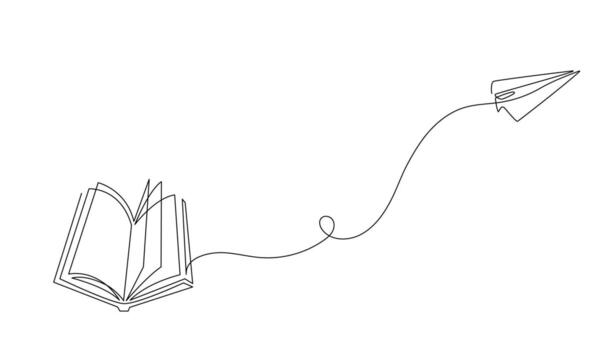 Continuous one line drawing of open book and flying paper plane. Minimalist concept of imagination, learning, and creativity. illustration isolated on white background. vector