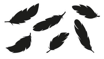 Feather icon set in black silhouette style. Collection of bird feathers, plume symbols. Minimalist plumelet shapes for nature, lightness, freedom, and boho design. illustration. vector