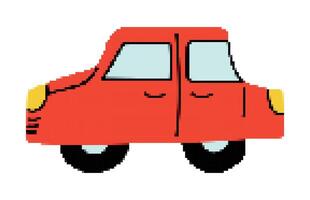 Pixel Car. 8-bit Children drawing Transport side view. Retro Gaming red sedan with simple details. Isolated kids toy Automobile. Vehicle, ride, wheels. Color primitive image. illustration vector