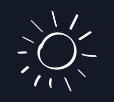 Doodle Chalked Sun on black background. Children contour Sunrays. Hand drawn Sunbeams. Linear weather. Brightness, happiness. Warmth, positivity. Isolated drawing on chalkboard. illustration vector