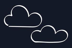 Doodle Chalk Clouds on black background. Children contour cumulus cloud. Hand drawn Puff. Nimbus, overcast. Linear comic element sky, cloudy weather. Chalkboard. Isolated drawing. illustration vector