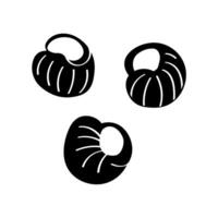 Silhouette French grape snails escargot on isolated background. Graphics of shell of molluscs, animals, food. Design element for logo, sign, wrapping, card. Illustration in flat style vector