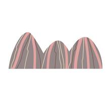 Decorative cartoon Mountains illustration on isolated background. Abstract Mountainous sketch in flat style. Hand drawn Hilly landscape, rocks. Tourism, travel, nature, lifestyle, alpinism vector