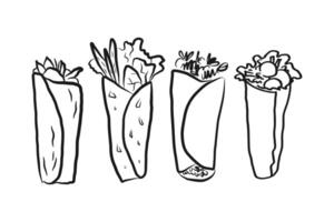 Shawarma Sandwich sketched on isolated background. Ink doodle with Traditional Fast Food, Falafel, Snack with meat, vegetable, vegetarian nutrition. Design for logo, menu, sign. vector