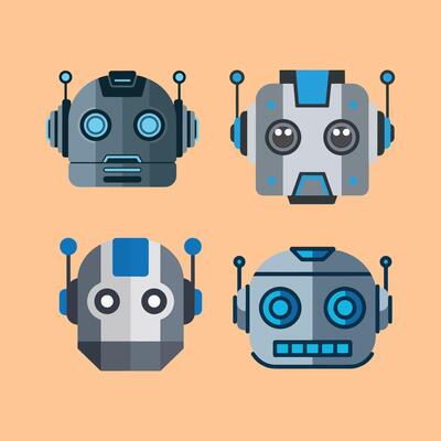 Four stylized robot heads with blue and gray accents artificial intelligence technology