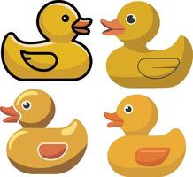 Four yellow rubber ducks with orange beaks and black outlines bath toy vector