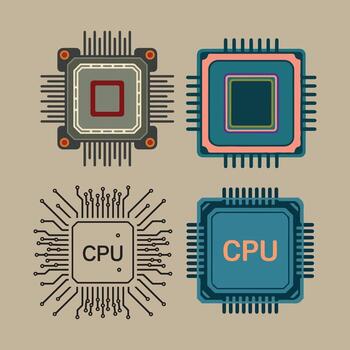 Four stylized computer processors with pins and circuits microchip technology vector