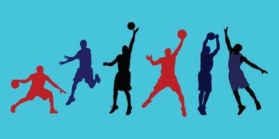Basketball players in action with red blue and black silhouettes vector