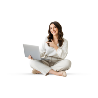feliz jovem mulher sentado de pernas cruzadas com uma computador portátil, sorridente e apontando esquerda png