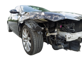 Crashed black car with visible front damage. png
