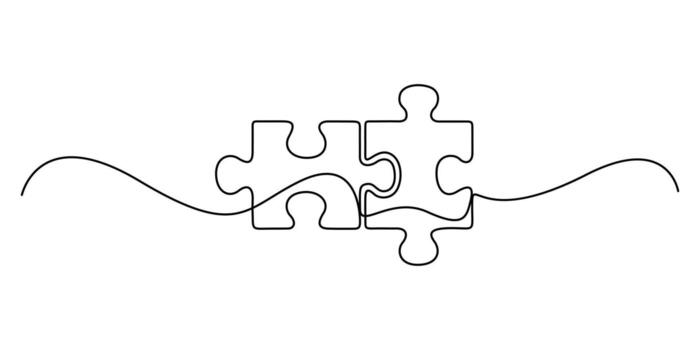 Continuous line drawing of two puzzle jigsaw pieces. One line outline of puzzle pieces for ideas, business strategy, thinking process, human creativity, problem solving. Doodle graphic illustration vector
