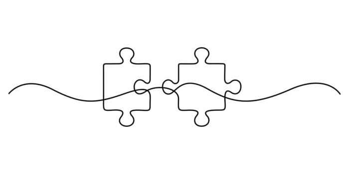 Continuous one line drawing of two puzzle jigsaw pieces. Single line outline of puzzle pieces for ideas, business strategy, thinking process, human creativity, problem solving. Graphic illustration vector