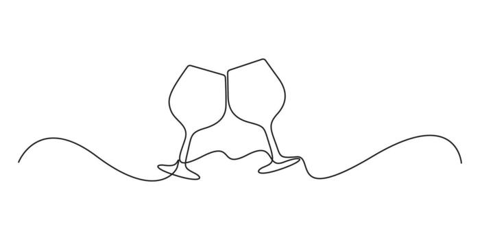 Continuous one line drawing of two glasses of red wine, Champagne toast and cheers in simple linear style. Alcohol and cocktail drink menu concept graphic illustration vector