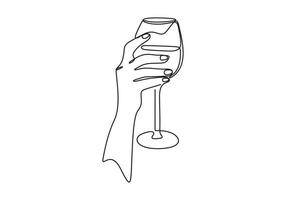 Hand holding wine glass continuous one line outline graphic illustration vector