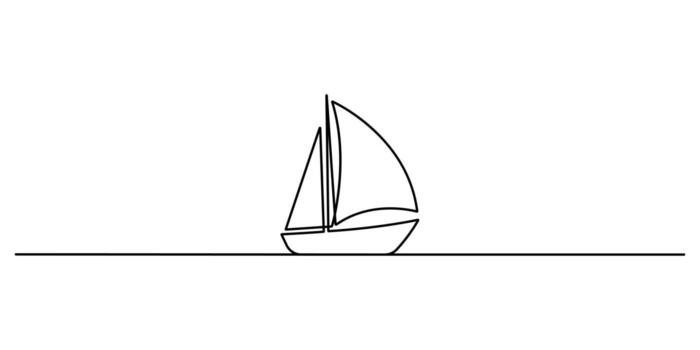 Continuous single abstract line drawing of Sailboat travel, Simple illustration of a sailboat in the sea drawn with a continuous one black line on a white background, graphic illustration vector