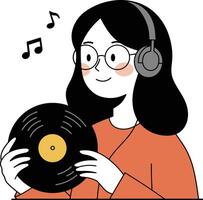 Woman listening to music on vinyl record with headphones, enjoying audio vector