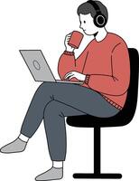 Man working on laptop, drinking coffee with headphones on vector