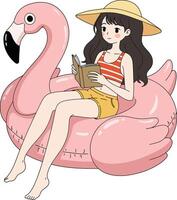 Girl reading on flamingo float vector