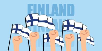 hand with flag of the Finland or Finland independence day illustration of Finland flag with blue background banner or greeting card vector