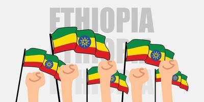 hand with flag of the Ethiopian or Ethiopian independence day illustration of Ethiopian flag with gray background banner or greeting card vector